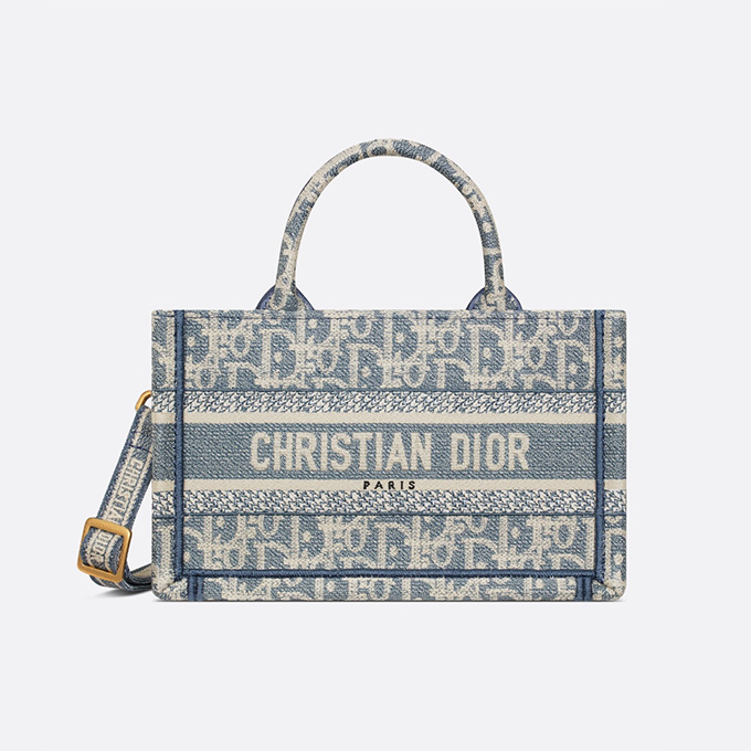dior book tote mini light blue oblique jacquard canvas detachable strap horizontal hand crossbody tote bag